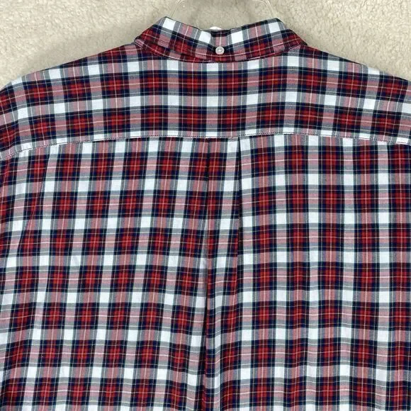 Old Navy Button Down Shirt Men XXL Red White Navy Blue Excellent Slim Fit Plaid - Picture 6 of 13